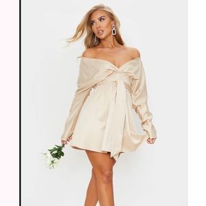 Champagne Satin Off the Shoulder Tie Waist  Dress